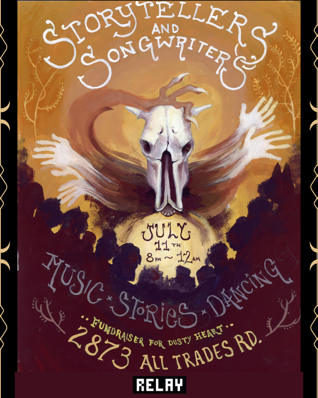 Storytellers and Songwriters flyer — July 11, 2026 at Relay, Santa Fe